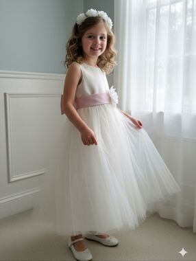 Ivory Tulle Flower Girl Dress with Pink Sash. First Communion Dress. Girl Dress.